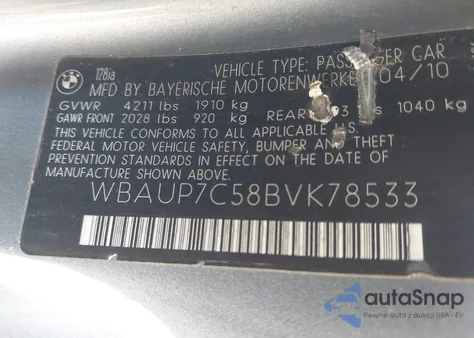 2011 BMW 128I z USA, uszkodzony, nr VIN WBAUP7C58BVK78533